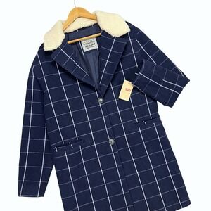 NEW Levi's Women's Plaid Wool Blend Top Coat Large Sherpa Lined Collar Navy Blue